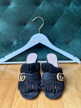 Gucci GG Marmont Black Suede Fringe Block Heel Mules Size 36